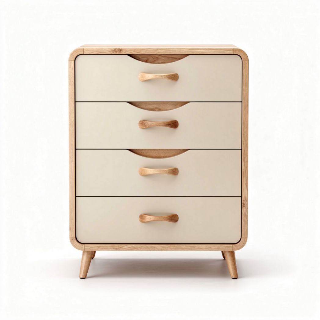 Wooden four-drawer chest with curved handles in light beige finish 40 x 30 x 80cm
