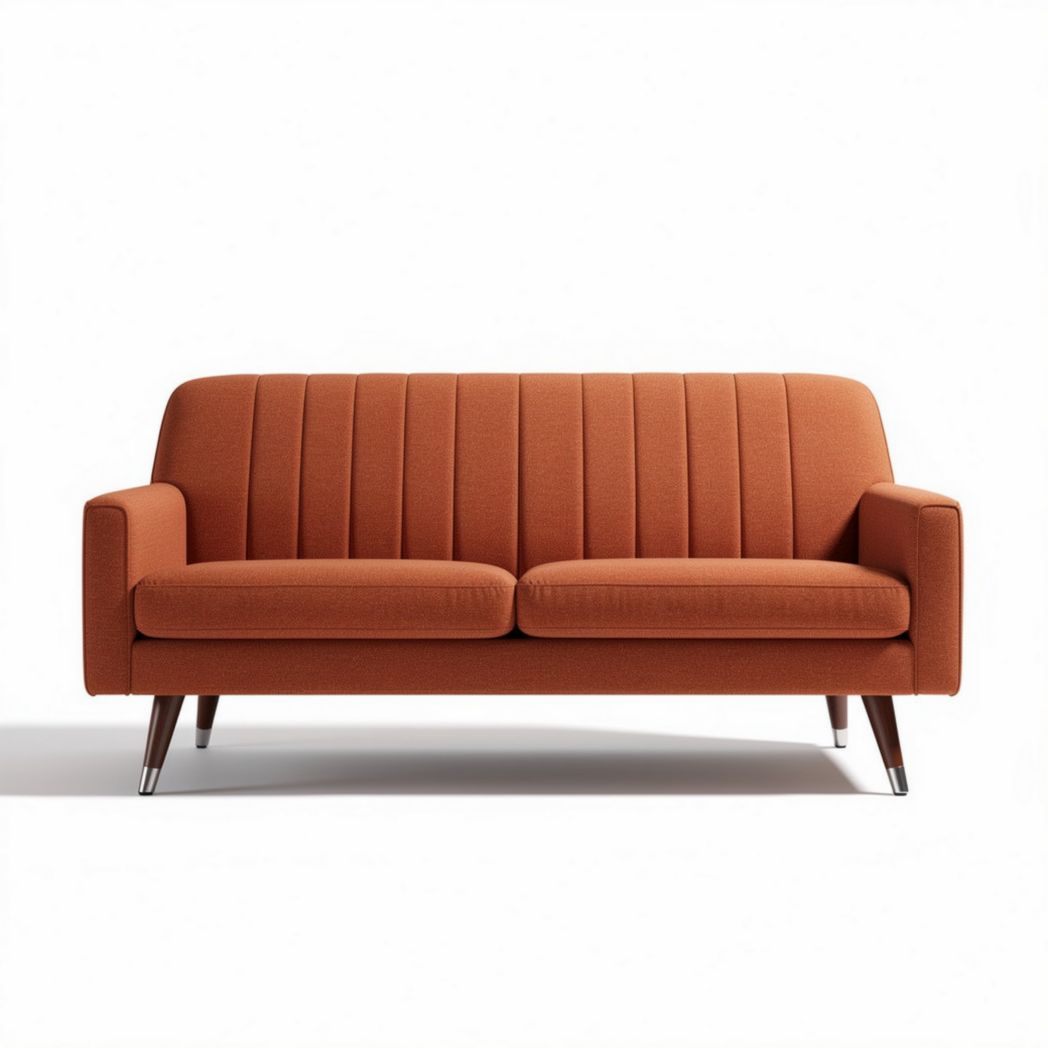 Mid-century modern sofa in burnt orange fabric with steel legs 180 x 80 x 75cm