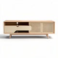 Rattan and wood tv stand with open storage in natural finish 120 x 40 x 45cm