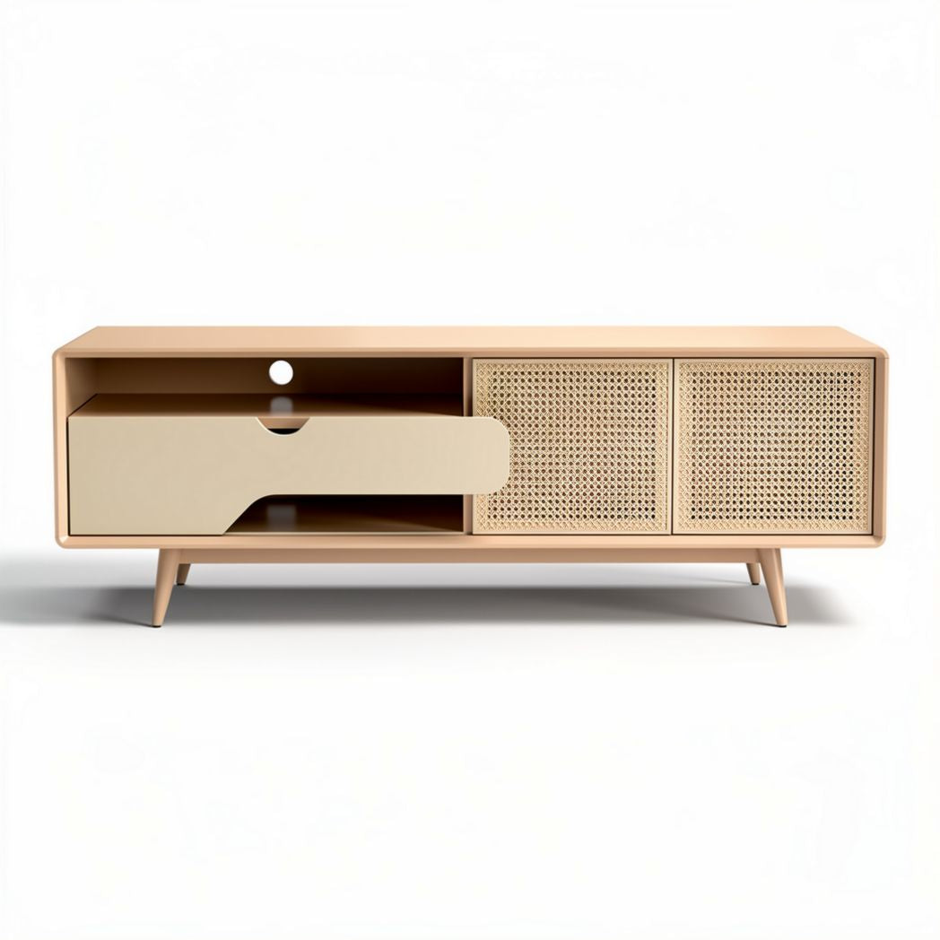 Rattan and wood tv stand with open storage in natural finish 120 x 40 x 45cm