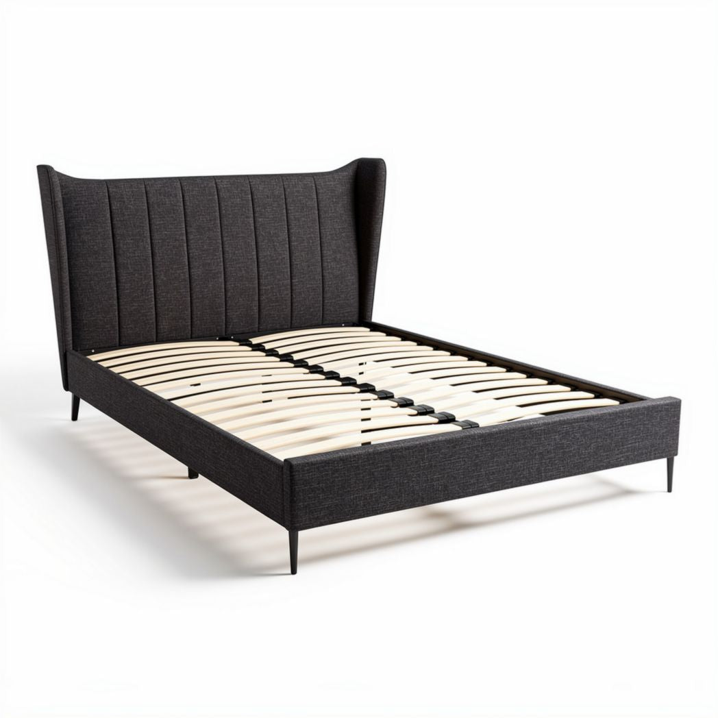 Upholstered bed frame with wooden slats in charcoal gray 200 x 160 x 100cm