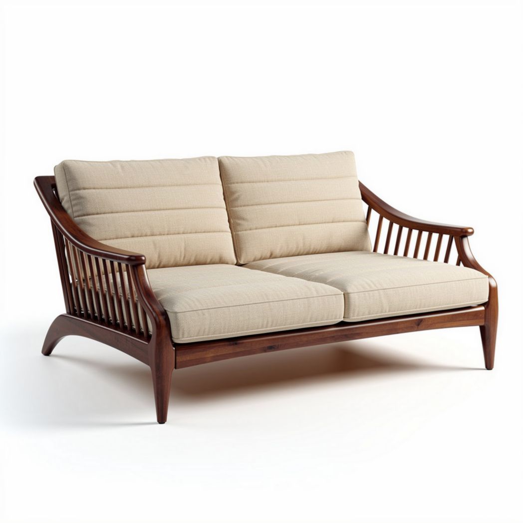 Wooden two-seater sofa with beige cushions and slatted back design 150 x 80 x 70cm
