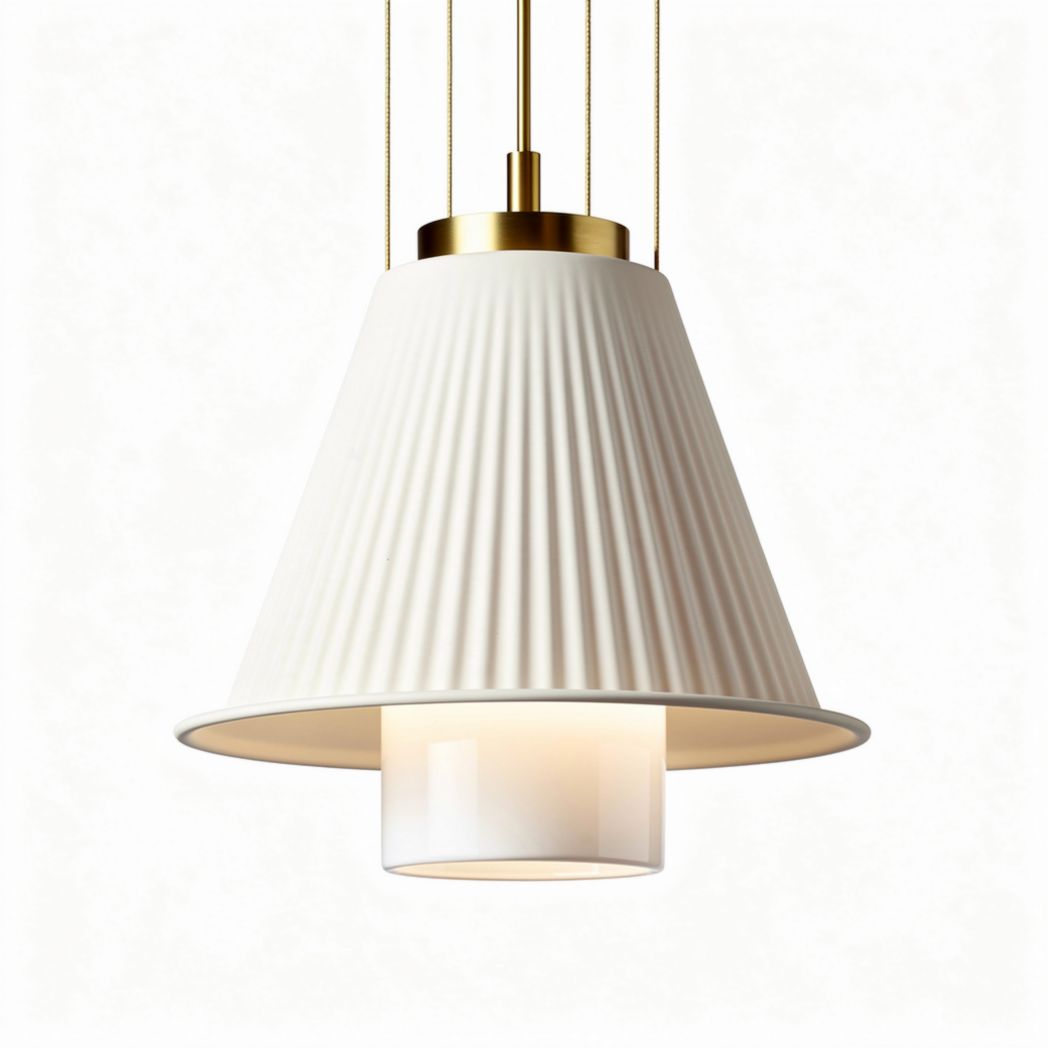 Suspended pendant light fixture with pleated white shade and glass diffuser