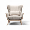 Lounge chair with fabric upholstery and wooden legs in beige color