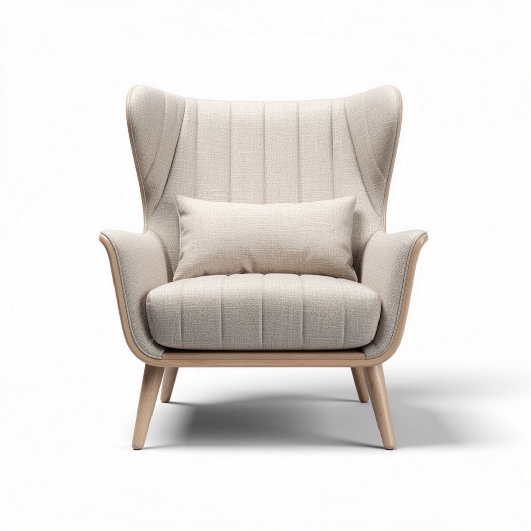 Lounge chair with fabric upholstery and wooden legs in beige color