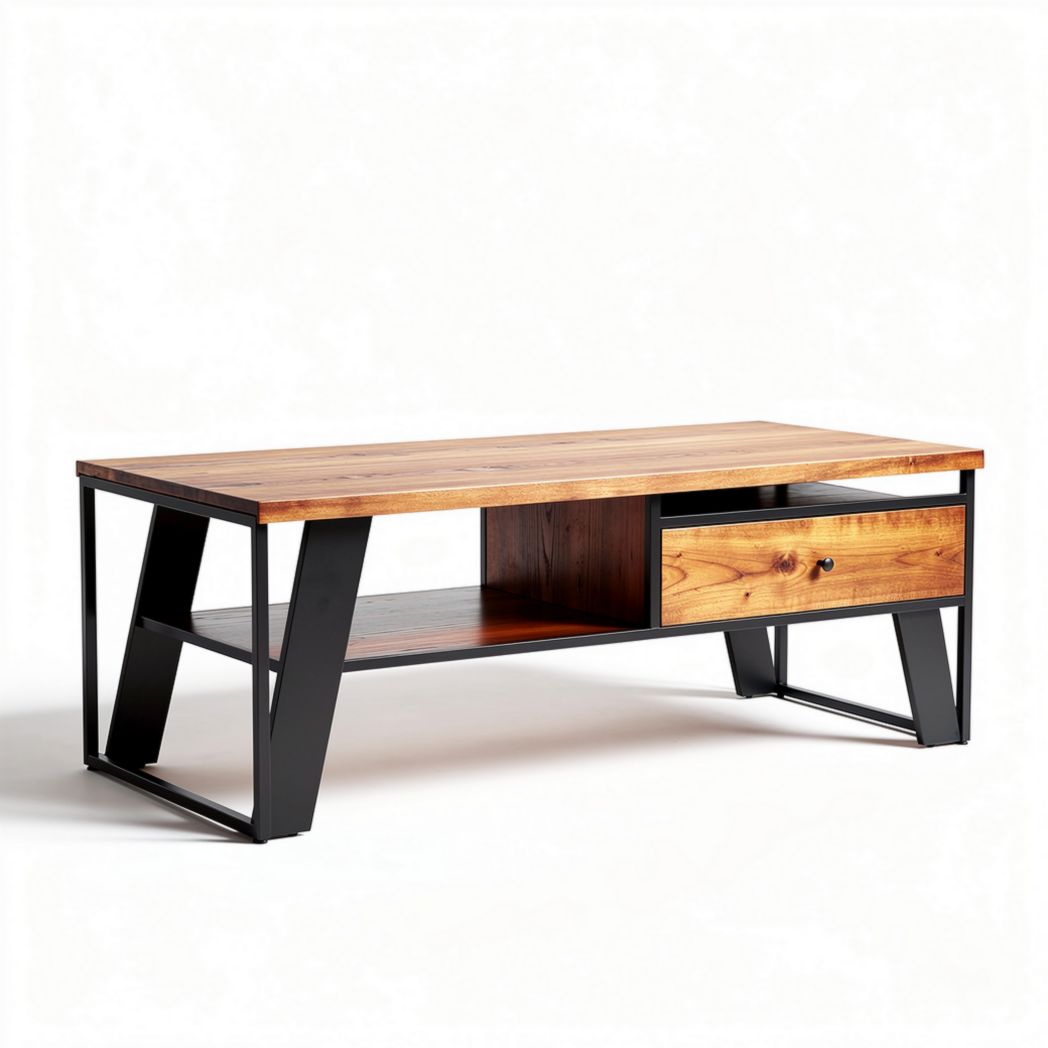Wooden coffee table with metal frame and storage drawer 120 x 60 x 45cm